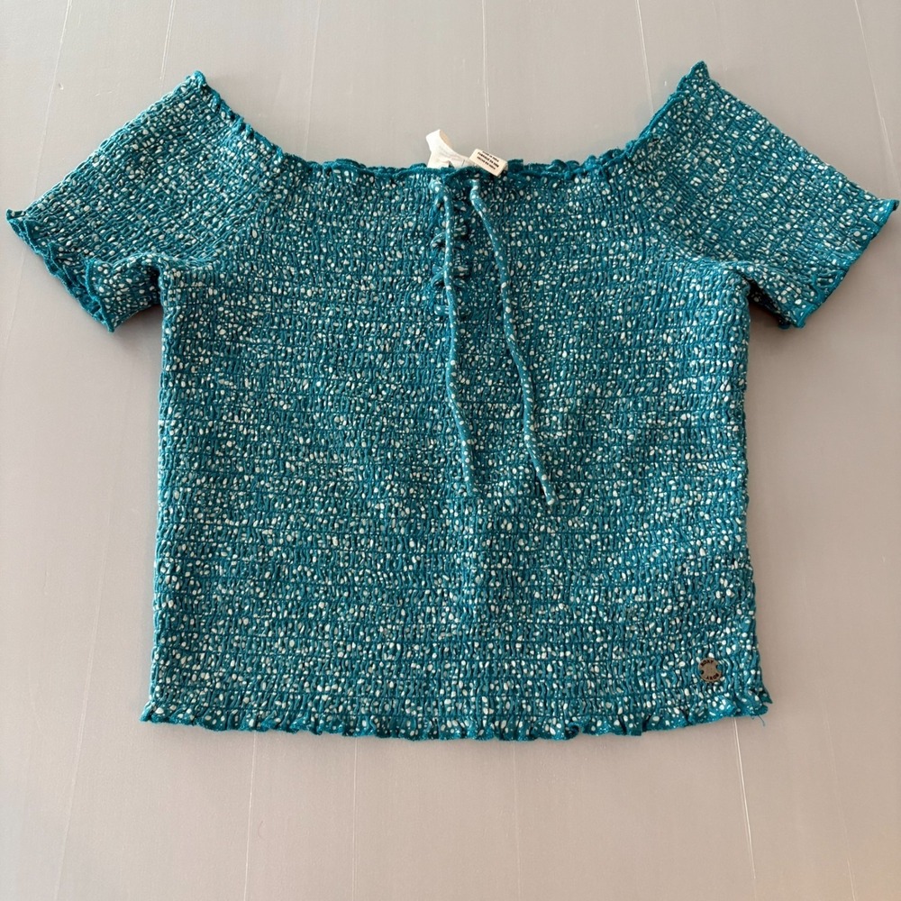 Roxy M Smocked Off-Shoulder Crop Top Teal White Lace-Up Peasant Blouse